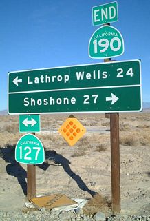 An end California 190 shield was posted at Death Valley Junction and the T-intersection with California 127; it was gone by November 2008, having been replaced with a less descriptive reflective sign. The mileage to the destinations (Lathrop Wells, which is the former name of Amargosa Valley and Shonshone) was the only information remaining on the sign.