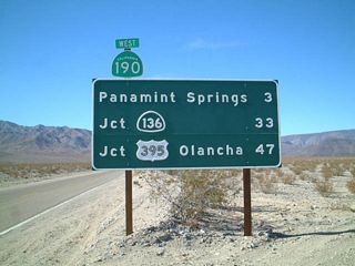 Another mileage sign is posted on westbound California 190 after Panamint Valley Road.