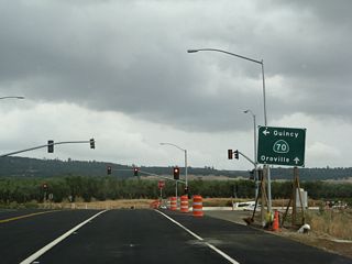Southbound California 191 reaches its southern terminus at the intersection with California 70. A temporary sign was in place to direct motorists to California 70 east to Quincy  and south to Oroville (shown here as straight ahead, but now correctly showing a right turn with the opening of the Wicks Corner Interchange). No end shield is posted for the southern terminus of California 191.