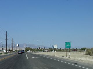 At the time this picture was taken, California 86 expressway was signed as California 86S, a temporary or "supplemental" designation created to allow the expressway bypass of Coachella and Indio to be constructed in phases while allowing through traffic to continue to follow the old California 86 alignment on Harrison Street. This sign has since been changed to reflect "California 86."
