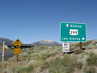 Westbound California 203 at the entrance ramp for U.S. 395 north to Lee Vining, Mono Lake, and Bridgeport. The southbound on-ramp joins U.S. 395 south to Bishop and Los Angeles.