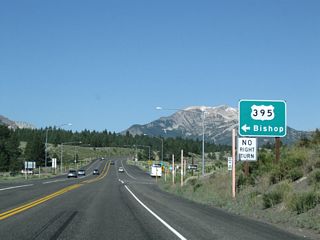Westbound California 203 meets the left turn to U.S. 395 south en route to Bishop.