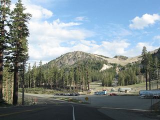 California 203 east from Mammoth Mountain resort toward Earthquake Fault and downtown Mammoth Lakes.