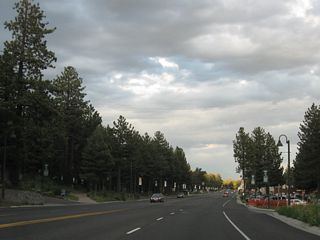 Most services are set back from California 203 (Main Street) along a frontage road.