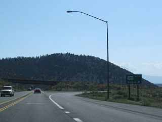 Eastbound California 203 (Main Street) at U.S. 395. The first right links to U.S. 395 south to Bishop and Los Angeles, while the next left leads to U.S. 395 north to Lee Vining and Bridgeport.