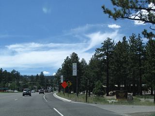 The next intersection along westbound is with Sierra Park Road. Turn right here for Shady Rest Campground; turn left here for Mammoth Hospital.