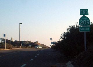 An end California 209 south shield assembly was posted at the entrance to Cabrillo National Monument within the Fort Rosecrans Military Reservation. This shield assembly was located just before the turnoff to the Point Loma Wastewater Treatment Facility t.