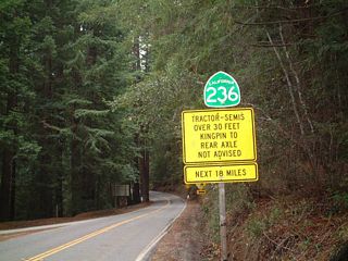 California 236 south after California 9.  As noted by the sign, any large vehicles are not advised on this roadway due to the narrow roadway (only one and a half lanes wide at some intervals), sharp curves, and limited sight distance.