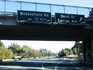 After the on-ramp from U.S. 101 (Bayshore Freeway) interchange (Exit 1A), the next exit along California 237 (South Bay Freeway) is Exit 1B, Dana Street and Evelyn Avenue. The freeway begins in the city of Mountain View, which is home to 70,708 people as of the 2000 Census, sits at an elevation of 105 feet, and consists of 12.2 square miles.