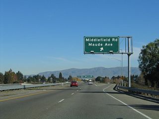 Eastbound California 237 (South Bay Freeway) reaches Exit 2, Middlefield Road and Maude Avenue.