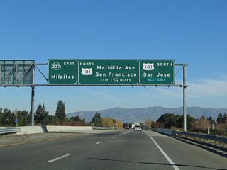 The next exit along California 237 (South Bay Freeway) is Exit 3A, U.S. 101 (Bayshore Freeway) south to San Jose and Los Angeles, followed by Exit 2B, Mathilda Avenue to Sunnyvale.