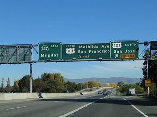 Eastbound California 237 (South Bay Freeway) reaches Exit 3A, U.S. 101 (Bayshore Freeway) south to San Jose and Los Angeles. The next exit is Exit 3B, Mathilda Avenue. Exit at Mathilda Avenue to make a U-turn onto California 237 west to connect with U.S. 101 (Bayshore Freeway) north. Don't be fooled by the signs; there is no direct connection between California 237 east and U.S. 101 north.