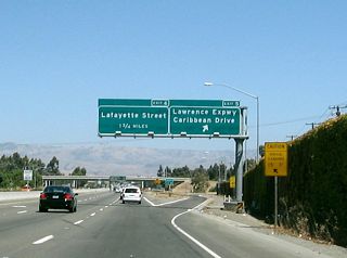 Eastbound California 237 meets Exit 5, Santa Clara County G-2 (Lawrence Expressway) and Caribbean Drive. The next exit is Exit 6, Lafayette Street.