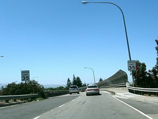 California 237 (Calaveras Boulevard) west crosses over the Union Pacific Railroad yard on this bridge.