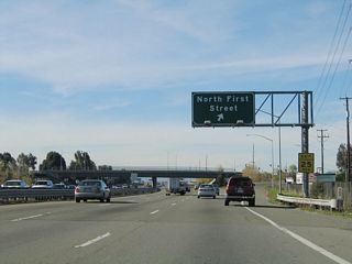 Westbound California 237 reaches Exit 7, North First Street south, which eventually finds its way to downtown San Jose.