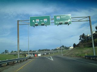 The next sign on northbound California 238 is the final split between Interstate 580 and Interstate 238. This marks the northern terminus of California 238 and the southern terminus of Interstate 238.  Yes, even the Interstate route is signed north-south.