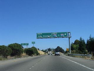 California 238 begins on the off-ramp from Interstate 580 east. The ramp splits, with the right lane following Interstate 238 north (west) to Interstate 880, while the left two lanes continue south on California 238 (Foothill Boulevard) into the city of Hayward.