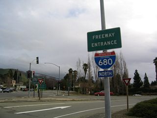 Freeway entrance shields adorn the ramp from California 238 south to Interstate 680 north. The control city for Interstate 680 is currently Sacramento, but it has changed since earlier days, perhaps Concord or Vallejo?