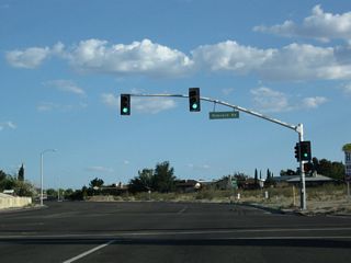 Southbound California 247 (Barstow Road) meets Rimrock Road at this traffic signal.