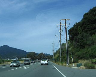 After passing by the state prison at San Quentin, Sir Francis Drake Boulevard has fewer state highway characteristics and feels more like a typical suburban street.