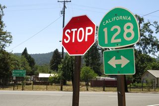 California 128 east leads to Yorkville while the route west heads to Hendy Woods State Park, which features redwood groves along the Navarro River,.