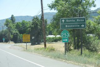 Now traveling south on South State Street, California 253 turns west onto Boonville-Ukiah Road at this intersection. Continue straight ahead to follow U.S. 101 south to Santa Rosa.