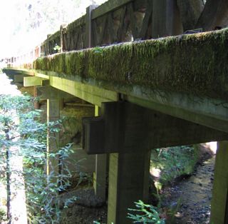 Northbound California 254 (Avenue of the Giants) crosses the 1938 bridge over Bridge Creek.