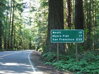 After leaving Pepperwood, this mileage sign along California 254 south provides the distance to Weott (10 miles), Myers Flat (17 miles), and San Francisco (239 miles).