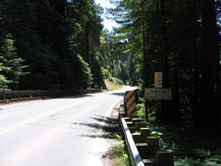 Southbound California 254 (Avenue of the Giants) crosses the 1938 bridge over Bridge Creek.