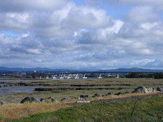 Near the Peninsula Drive intersection, this view of the Samoa Bridge (which carries California 255 over Humboldt Bay) can be seen from southbound California 255. It consists of three sections, separated by small islands in the bay.
