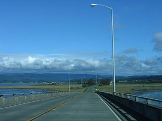 Now on the descent of the first span, southbound California 255 approaches Indian Island.