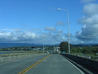 Traveling over the Carl Christensen Memorial Bridge, California 255 south approaches Woodley Island.
