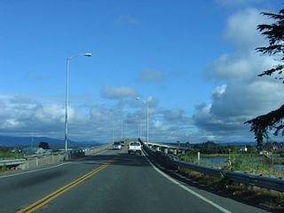 The final span of the Samoa Bridge carries California 255 south from Woodley Island to the mainland and downtown Eureka.