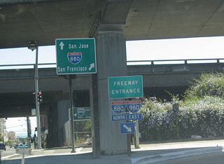 Freeway entrance for Interstate 880 north and Interstate 980 east from westbound Jackson Street.