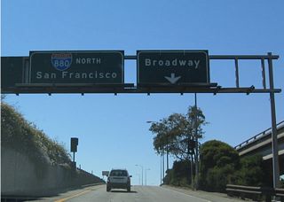 This sign for Broadway and north Interstate 880 is found on the on-ramp from Jackson Street.