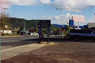 Southbound California 263 ends at Business Loop I-5 and California 3 in Yreka. The business route and California 3 overtake Main Street (old U.S. 99) south to Downtown, while through traffic turns east along California 3 to Interstate 5.