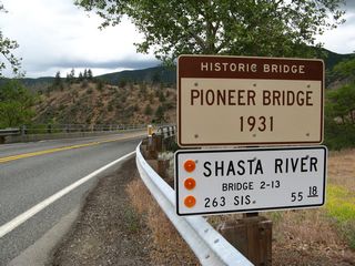 California 263 (Old U.S. 99) south prepares to cross the Shasta River on the deck-truss Pioneer Bridge.
