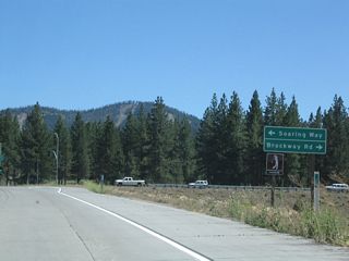 Southbound California 267 meets Brockway Road, and the Truckee-Carlson Bypass ends. Prior to 2002, Brockway Road carried California 267 into downtown Truckee, then turned northeast to meet Interstate 80 and California 89.