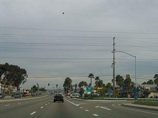 Eastbound Balboa Avenue (old California 274) at the loop ramp for Interstate 805 north. Still in the city limits of San Diego, eastbound Balboa Avenue leaves the community of Clairemont and enters the community of Kearny Mesa.