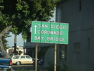 The San Diego-Coronado Bay Bridge may be reached by continuing straight ahead past the California 75 junction as shown on this sign along eastbound (sign is now gone).