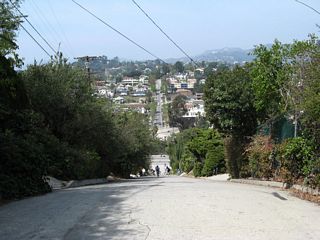 These views look downhill (westbound) on Fargo Street. At the bottom of the hill is Allesandro Street and the southernmost segment of California 2 (Glendale Freeway).