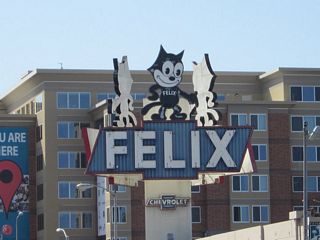 At the northeastern intersection of Figueroa Street (Old U.S. 6 and California 11) and Jefferson Avenue is Felix Chevrolet, which features Felix the Cat on its marquee.