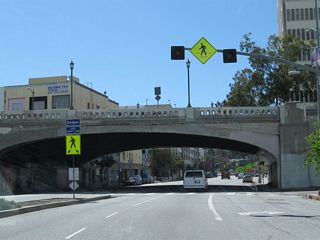Glendale Boulevard south passes under a bridge that carries Historic U.S. 66 (Sunset Boulevard) in Echo Park.
