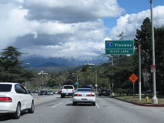 Overhead for I-5 posted ahead of the southbound ramp to East Los Angeles, Anaheim and Santa Ana.