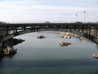 The Rainbow Bridge as seen from the adjacent historic truss bridge.