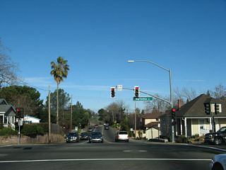 Northbound Riley Street meets Natoma Street, which heads east from Folsom Boulevard to the Folsom Lake Crossing and points east in El Dorado County via Green Valley Road (Blue Ravine Road).
