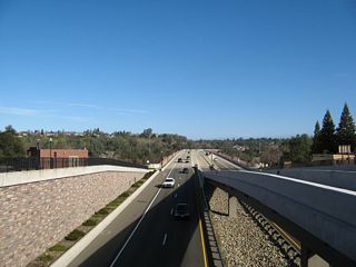 This view look north from the Sutter Street overpass toward the Folsom Boulevard bridge over the American River. The interchange facilities through traffic on Folsom Boulevard while allowing easy access to downtown Folsom.