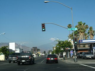 Former SR 18-30 Business (Highland Avenue) east at Mountain View Avenue in San Bernardino.