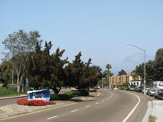 The Pacific Beach entry sign on Grand Avenue is west of the Figueroa Boulevard turnoff.