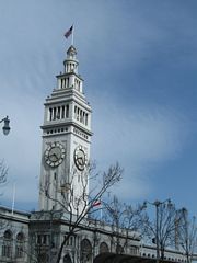 The Ferry Building, located at the intersection of the Embarcadero and Market Street. Market Street does not extend all the way to the Embarcadero for vehicular traffic.